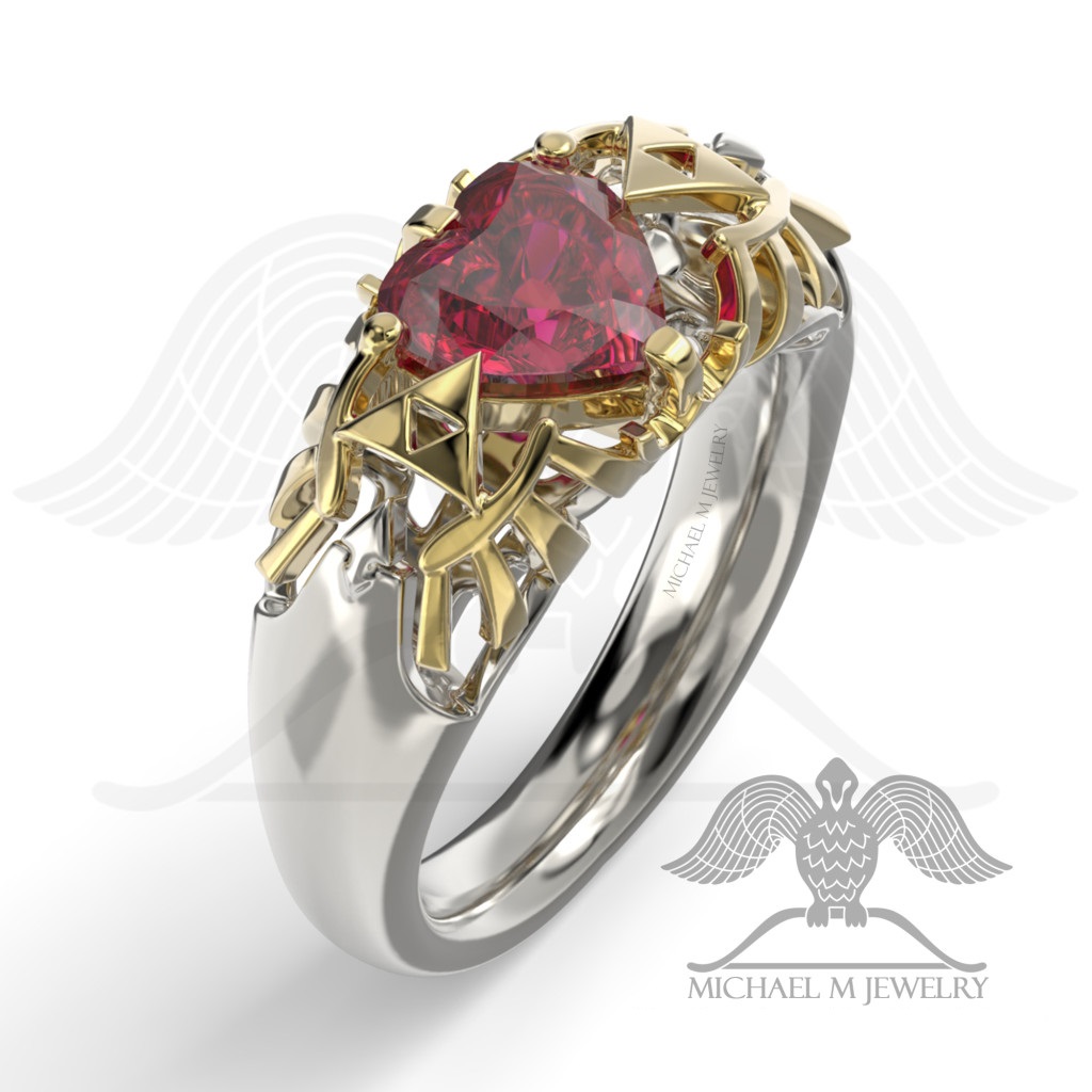 Red Stone Legend Hyrule Crest Heart Trillion Triangle Ring Custommade Handmade Made To Order 098 Michael M Jewelry